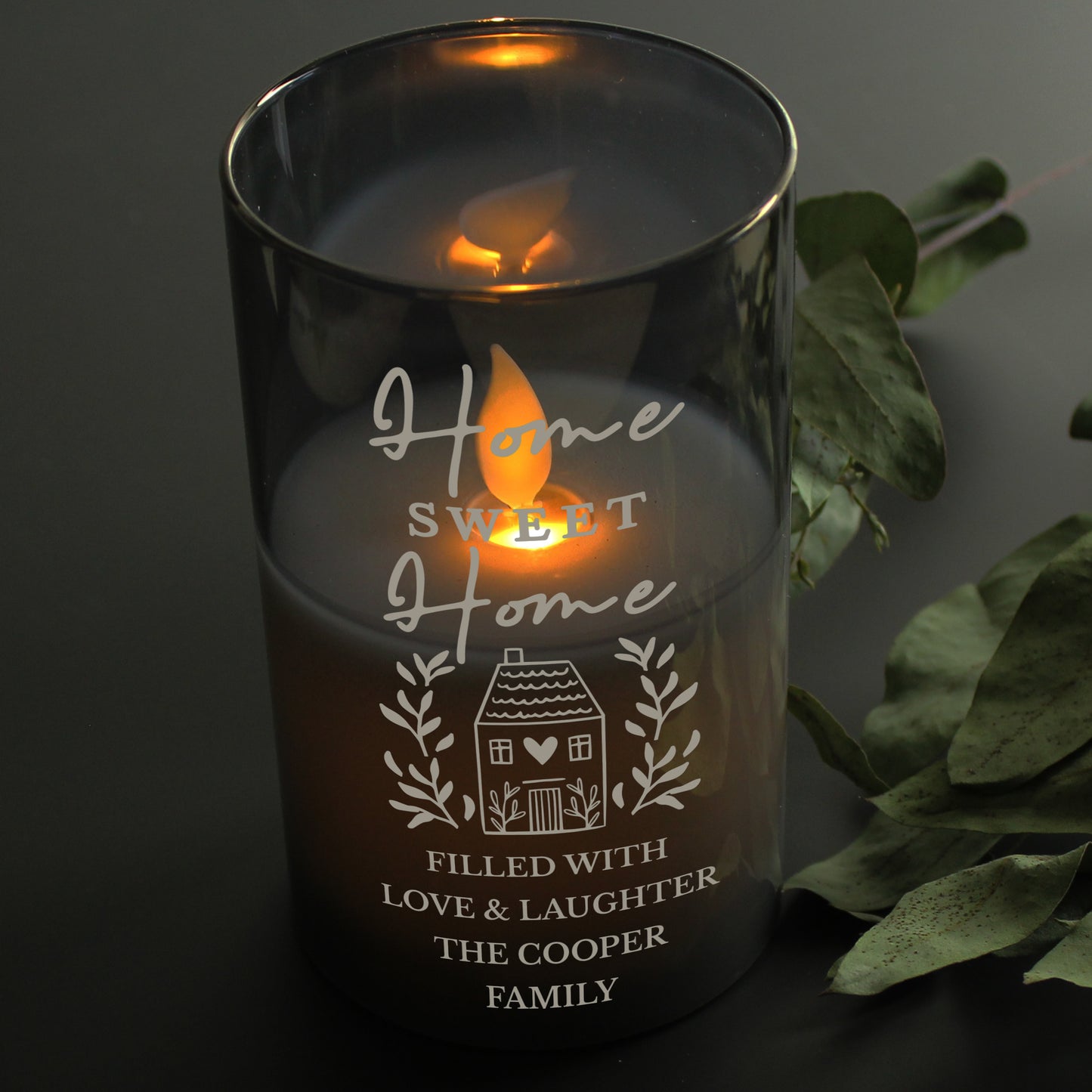 Personalised HOME Smoked Glass LED Candle