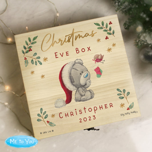 Personalised Winter Christmas Eve Tiny Tatty Teddy Large Wooden Keepsake Box