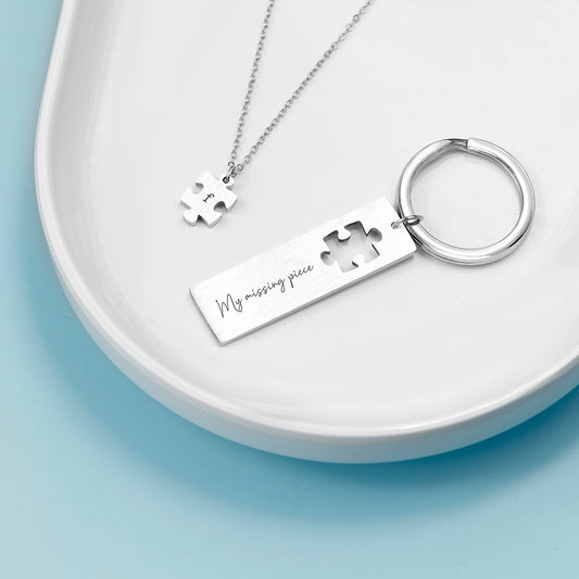 Personalised Perfect Fit Puzzle Piece Necklace & Keyring Set