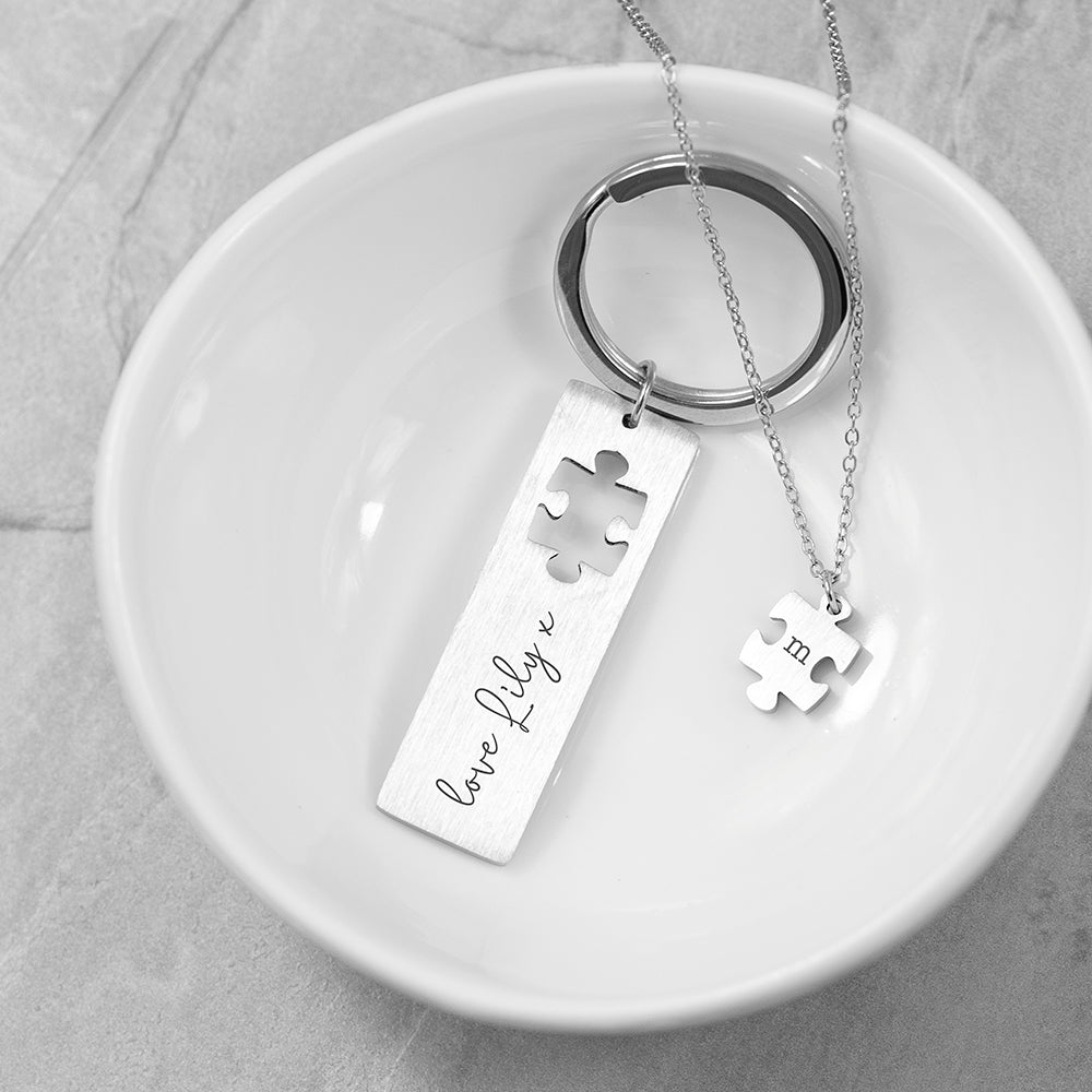 Personalised Perfect Fit Puzzle Piece Necklace & Keyring Set